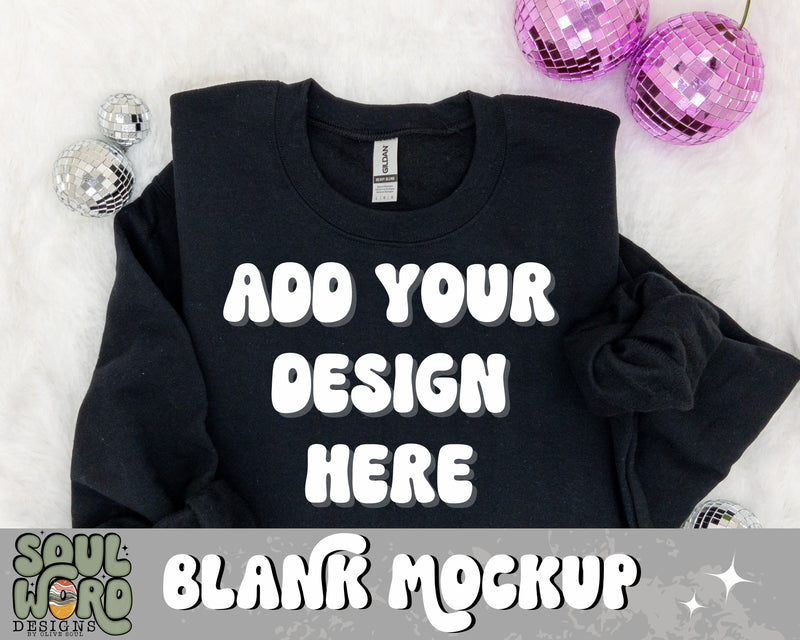 Gildan Black Sweatshirt Pink Disco Cherry Folded Flat Lay Mockup - DIGITAL DOWNLOAD