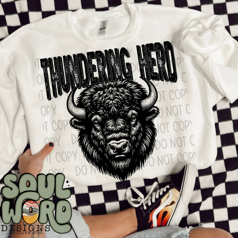 Thundering Herd (bison) Mascot Black & White - DIGITAL DOWNLOAD