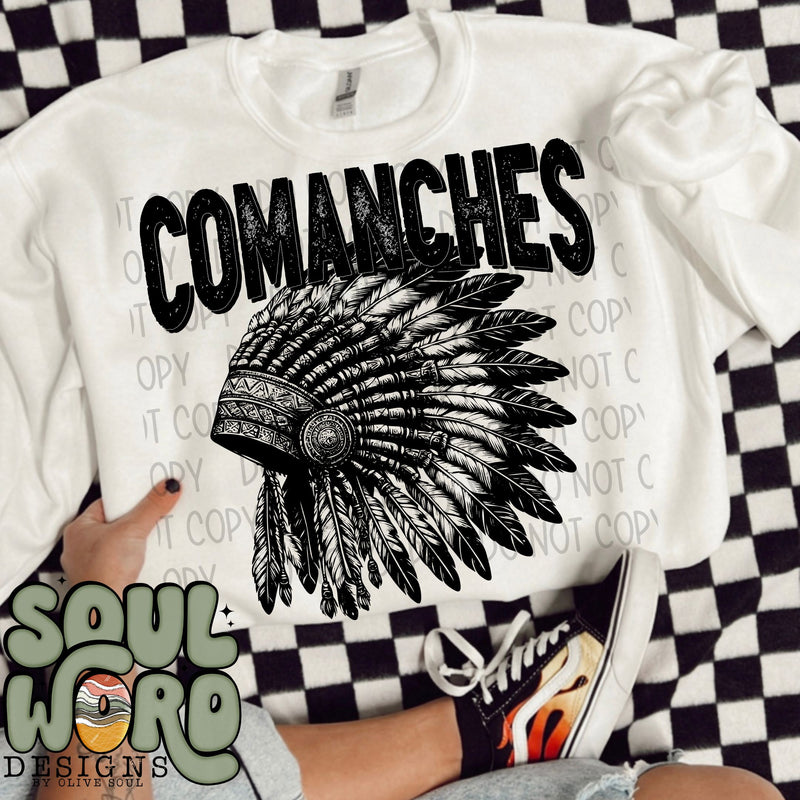 Comanches Head Dress Mascot Black & White - DIGITAL DOWNLOAD