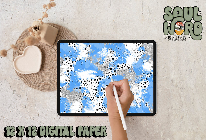 Columbia Blue Silver Dalmatian Mashup-12x12 Digital Paper Design - DIGITAL DOWNLOAD