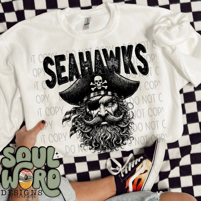 Seahawks (pirate) Mascot Black & White - DIGITAL DOWNLOAD