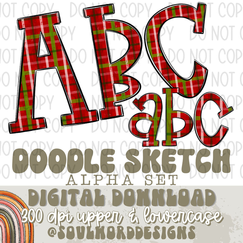 Doodle Sketch Red Plaid Alpha Set - DIGITAL DOWNLOAD