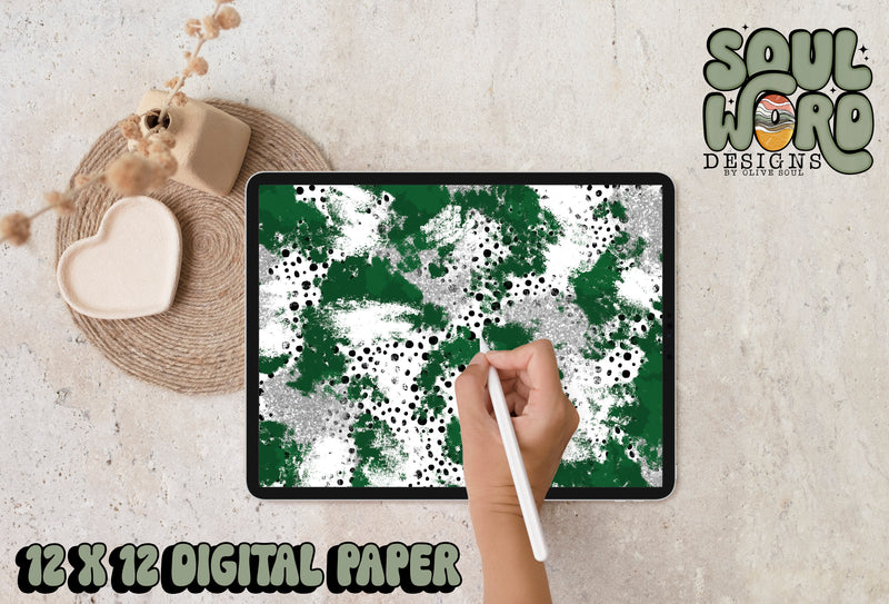 Dark Green Silver Dalmatian Mashup-12x12 Digital Paper Design - DIGITAL DOWNLOAD