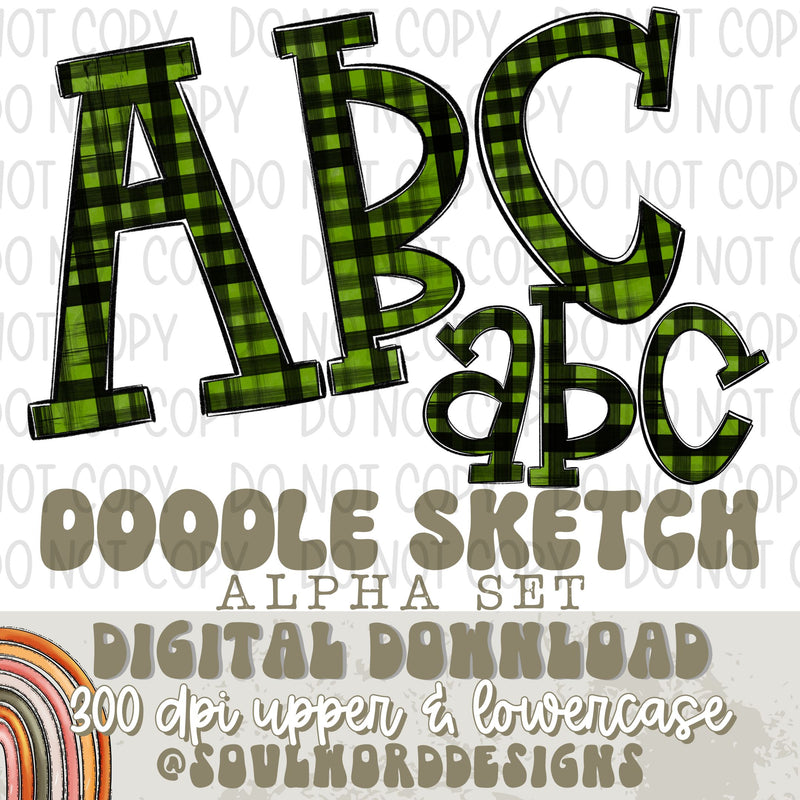 Doodle Sketch Green Plaid Alpha Set - DIGITAL DOWNLOAD