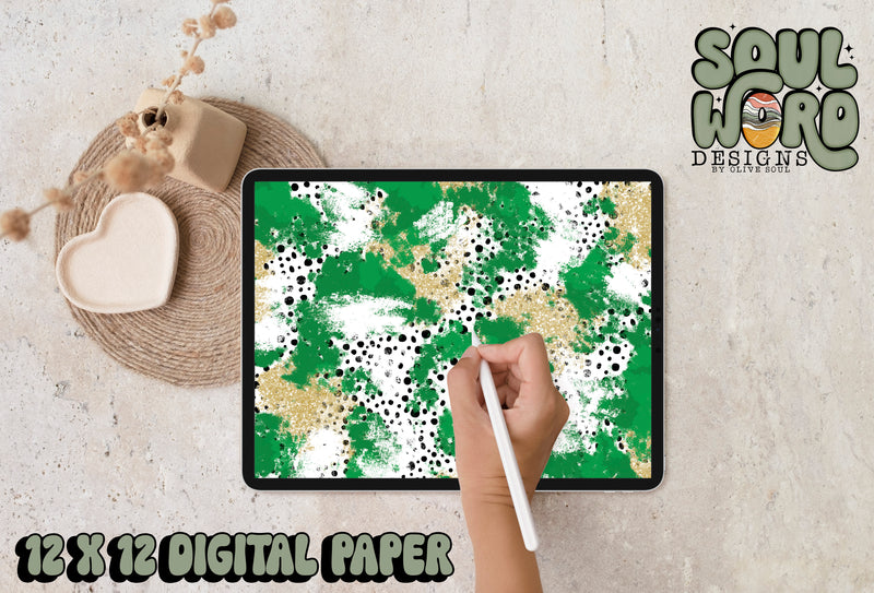 Kelly Green Gold Dalmatian Mashup-12x12 Digital Paper Design - DIGITAL DOWNLOAD