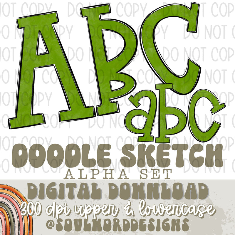 Doodle Sketch Green Christmas Alpha Set - DIGITAL DOWNLOAD