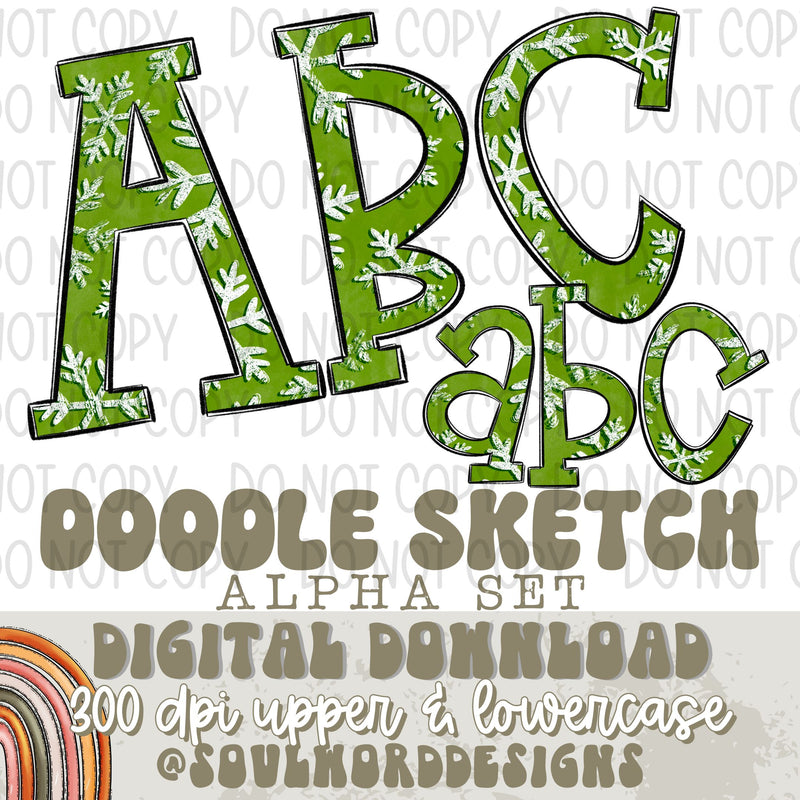 Doodle Sketch Green Snowflake Alpha Set - DIGITAL DOWNLOAD