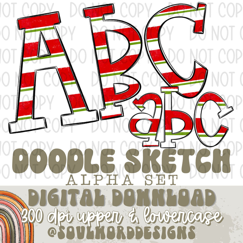 Doodle Sketch Christmas Stripe Alpha Set - DIGITAL DOWNLOAD