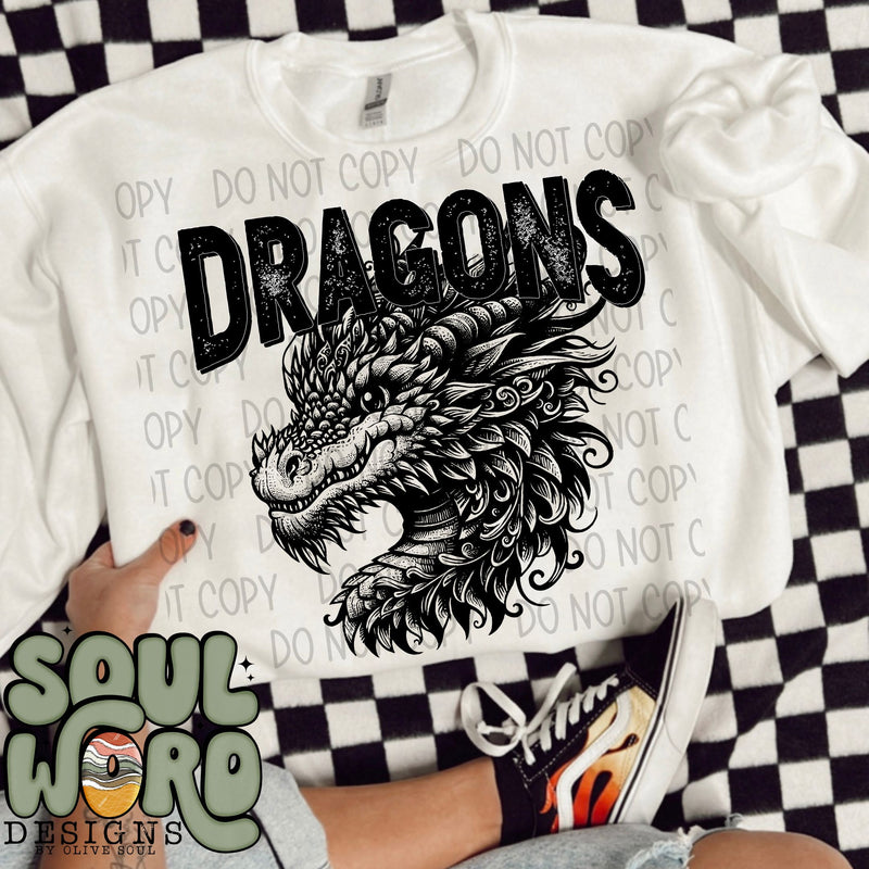 Friendly Dragon Mascot Black & White - DIGITAL DOWNLOAD