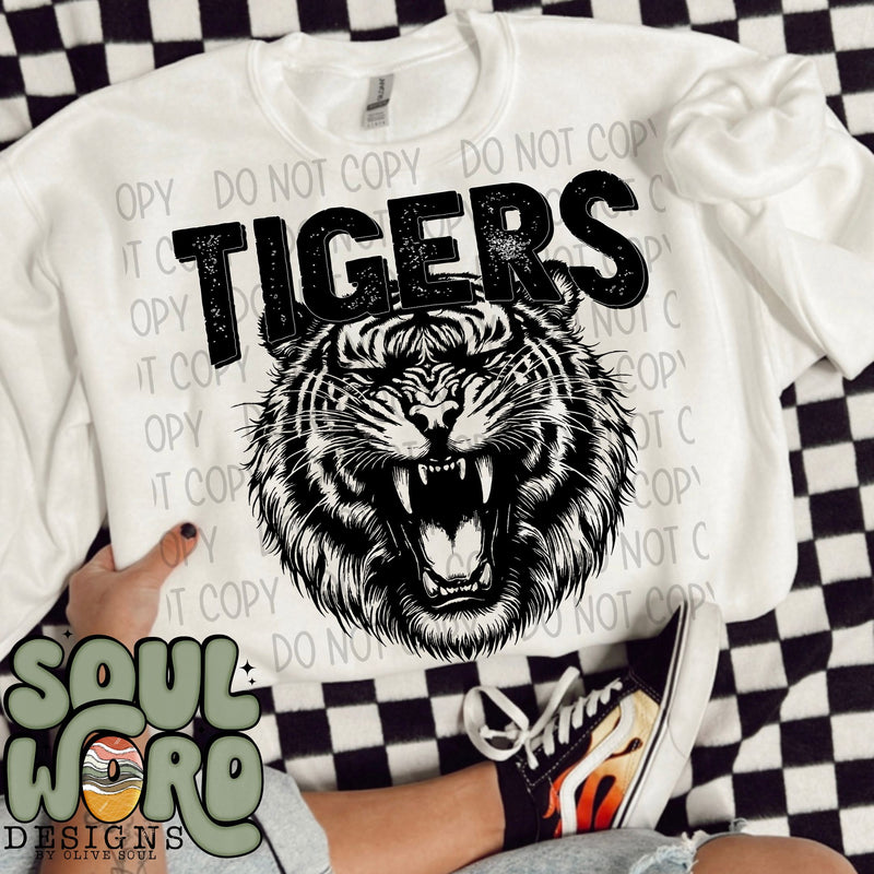 Tigers Roaring Mascot Black & White - DIGITAL DOWNLOAD
