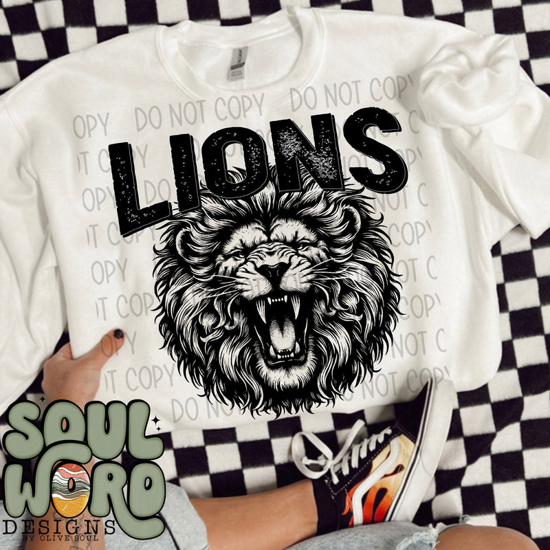 Lions Roaring Mascot Black & White - DIGITAL DOWNLOAD