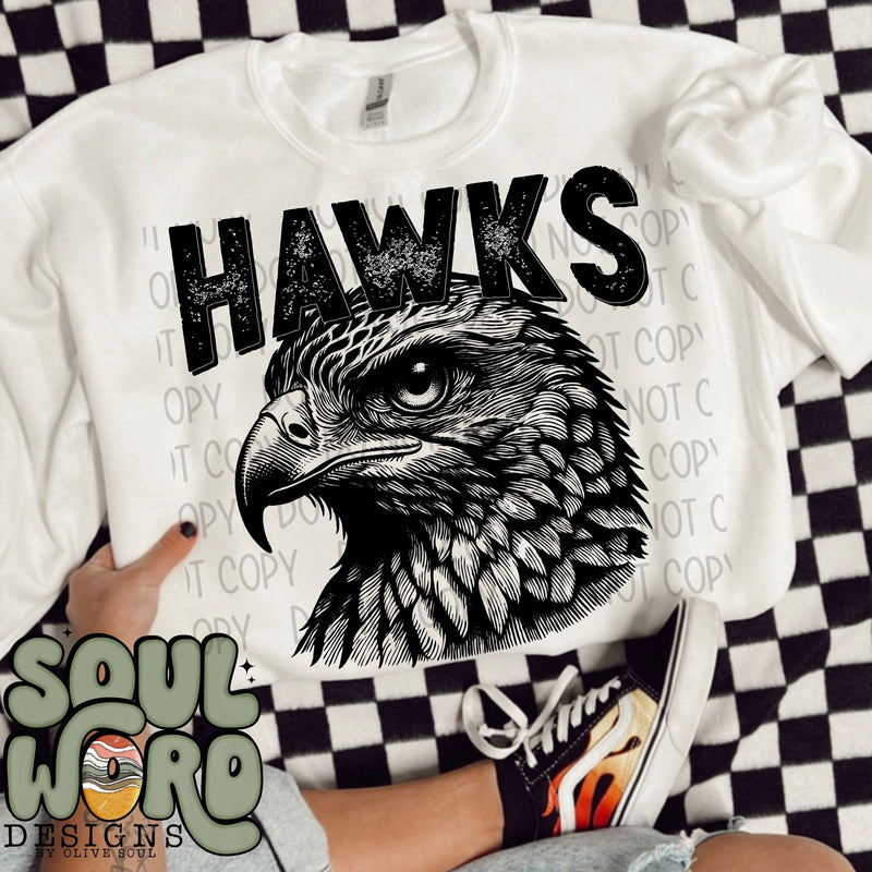 Hawks Mascot Black & White - DIGITAL DOWNLOAD