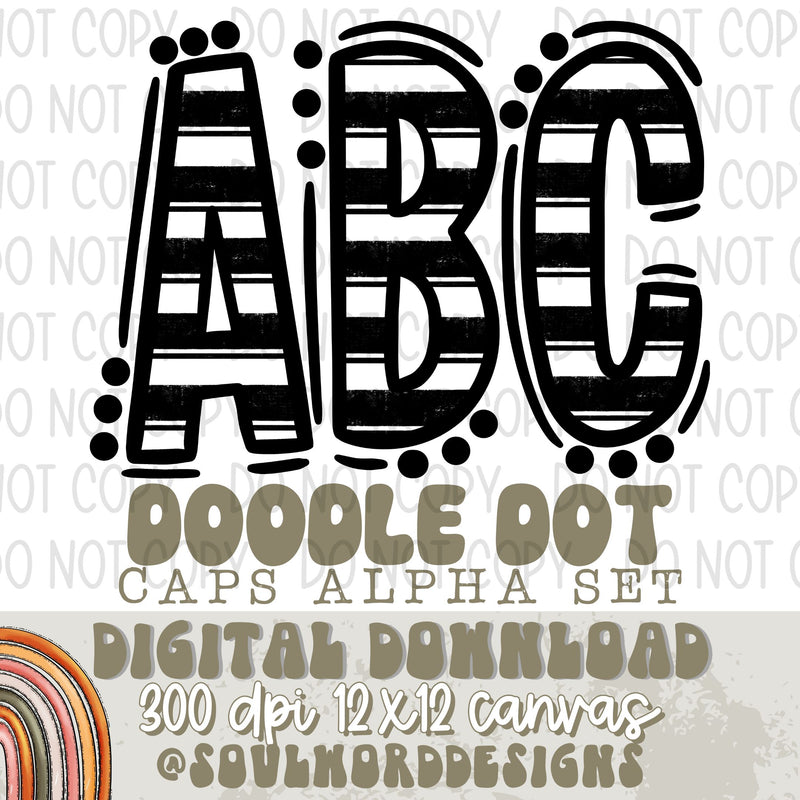 Black Stripe Doodle Dot Caps Alpha Set - DIGITAL DOWNLOAD