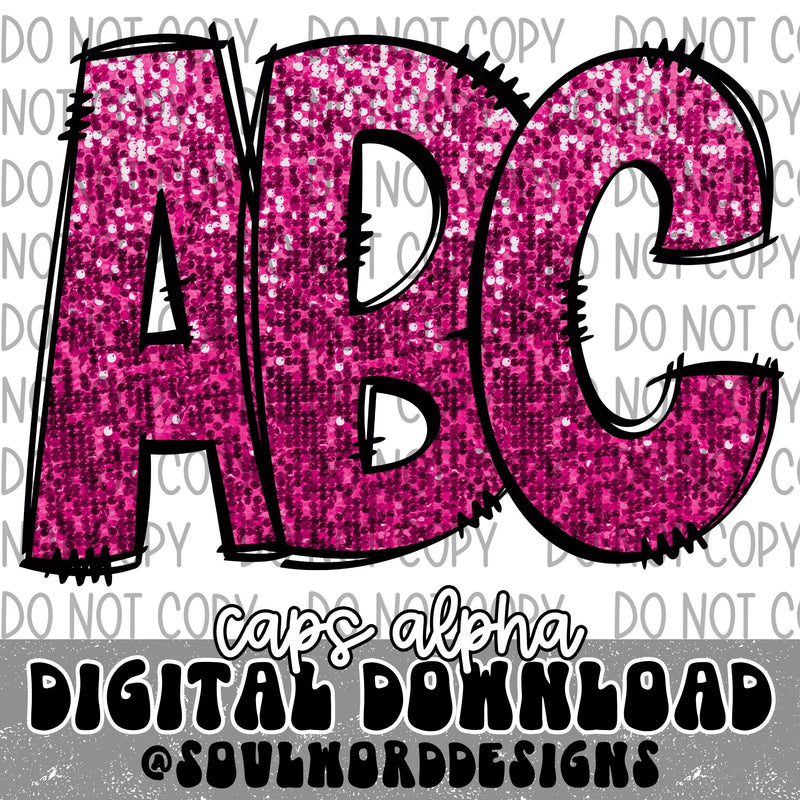 Pink Sequin Doodle Caps Alpha Set - DIGITAL DOWNLOAD