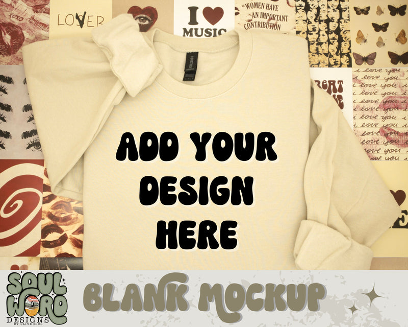 Gildan Softstyle Sand Sweatshirt Retro Love Folded Flat Lay Mockup - DIGITAL DOWNLOAD
