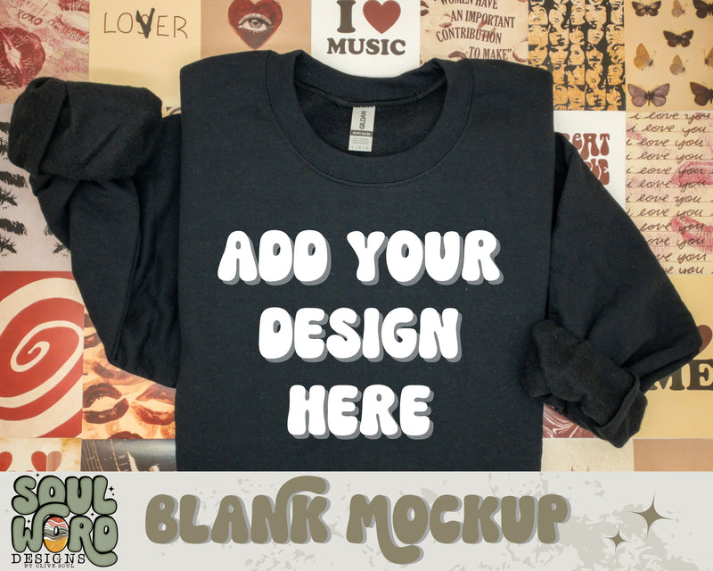 Gildan Black Sweatshirt Retro Love Folded Flat Lay Mockup - DIGITAL DOWNLOAD