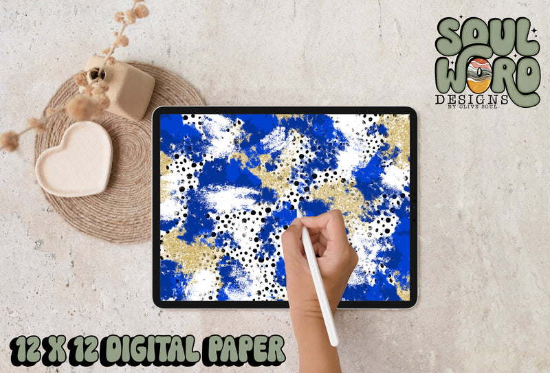 Royal Blue Gold Dalmatian Mashup-12x12 Digital Paper Design - DIGITAL DOWNLOAD