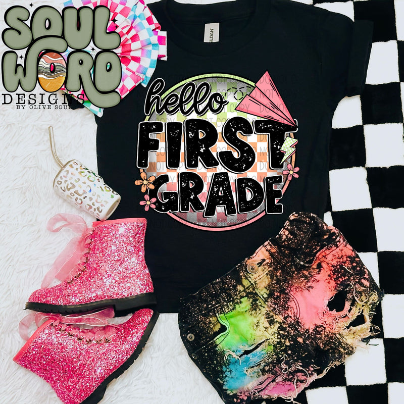 Back To School Checker Circle Hello First Grade Pink- DIGITAL DOWNLOAD