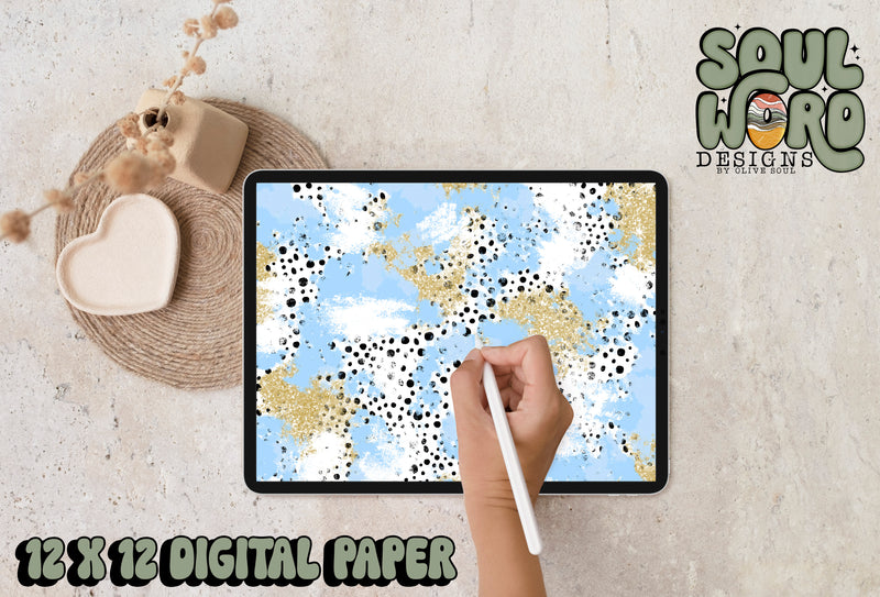 Carolina Blue Gold Dalmatian Mashup-12x12 Digital Paper Design - DIGITAL DOWNLOAD