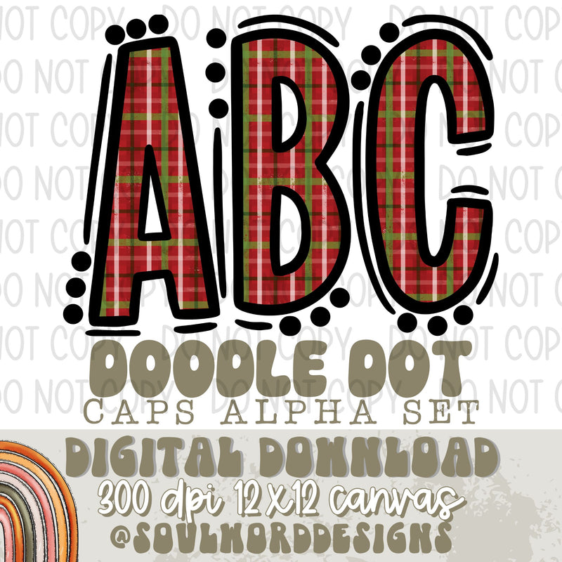 Red Plaid Doodle Dot Caps Alpha Set - DIGITAL DOWNLOAD