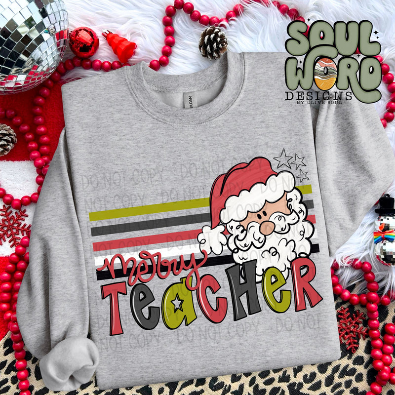 Merry Teacher Retro Stripe Santa - DIGITAL DOWNLOAD