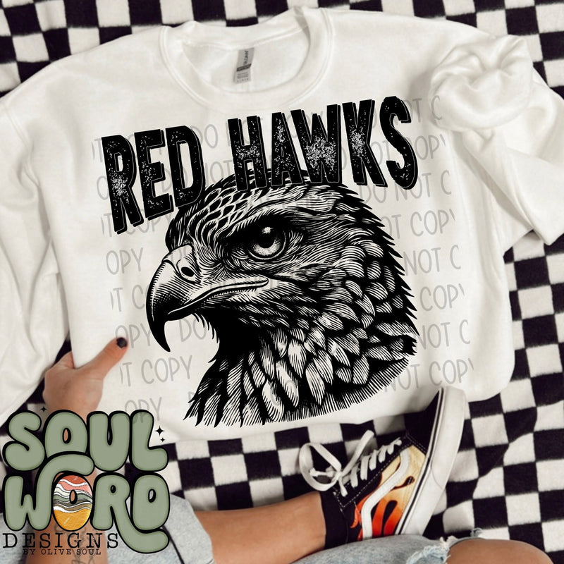 Red Hawks (2 words) Mascot Black & White - DIGITAL DOWNLOAD