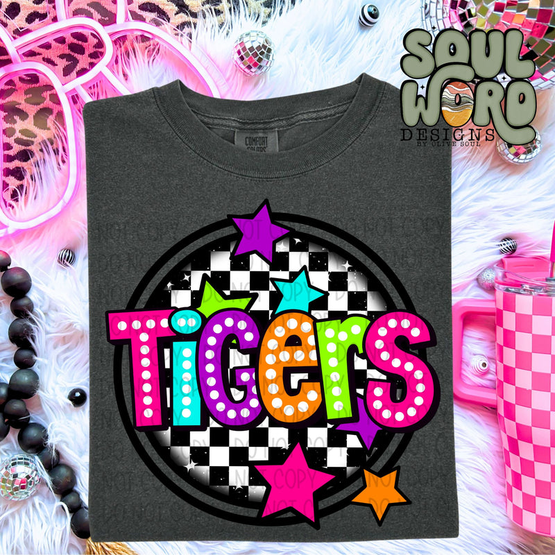 Tigers Neon Marquee Checker Circle Mascot  - DIGITAL DOWNLOAD