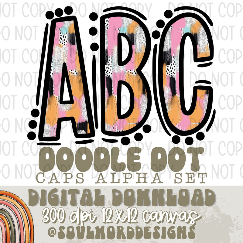 Pink Brushstroke Doodle Dot Caps Alpha Set - DIGITAL DOWNLOAD