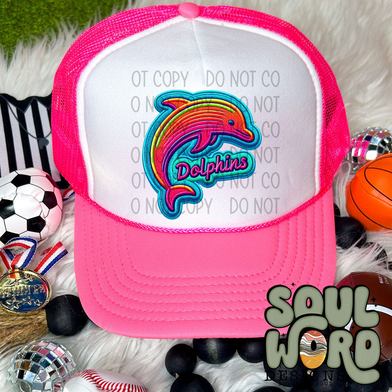 Neon Hat Patch Faux Embroidered Dolphins Mascot - DIGITAL DOWNLOAD