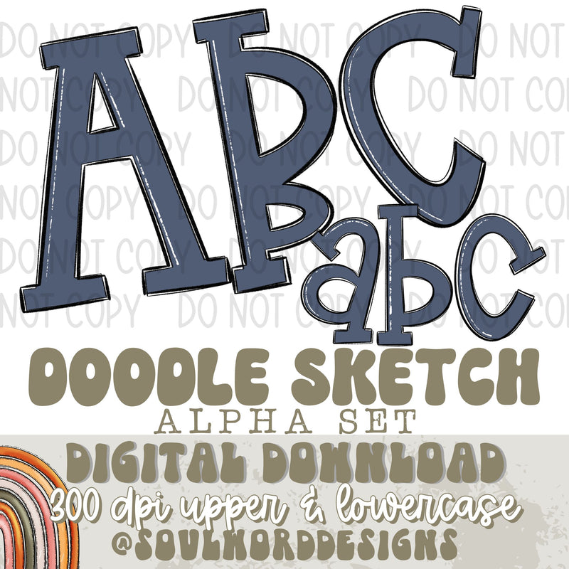 Boho Denim Doodle Sketch Alpha Set - DIGITAL DOWNLOAD