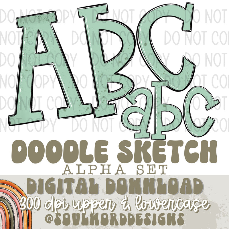 Boho Green Doodle Sketch Alpha Set - DIGITAL DOWNLOAD