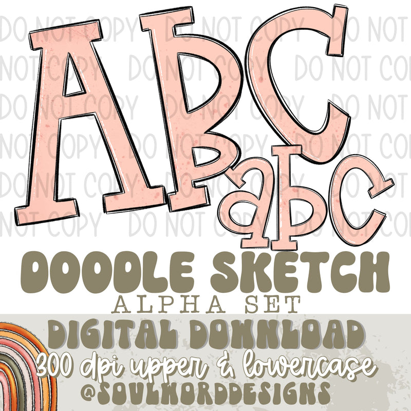 Boho Pink Doodle Sketch Alpha Set - DIGITAL DOWNLOAD