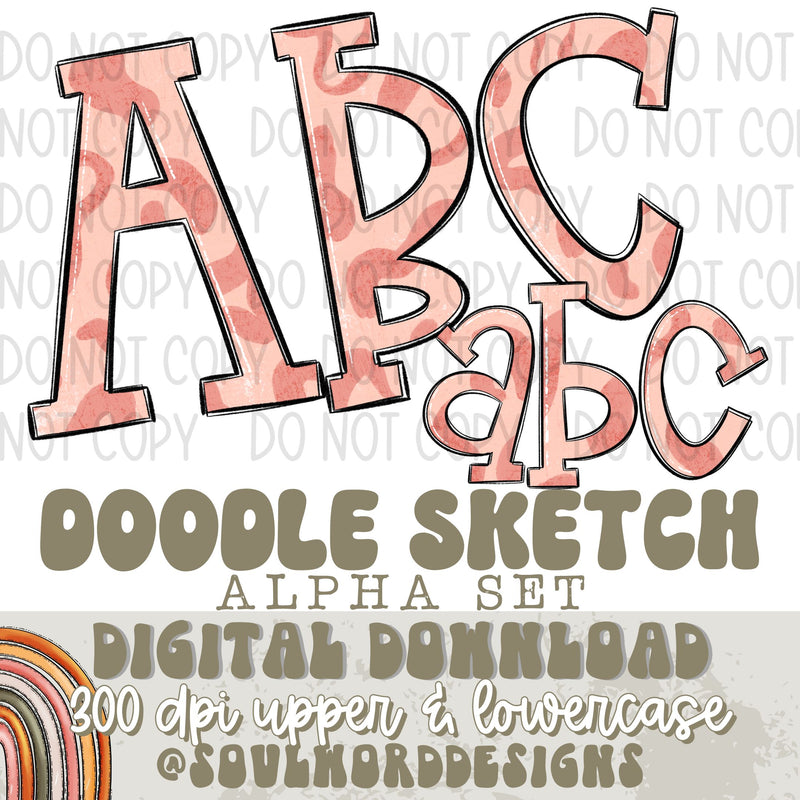 Boho Pink Leopard Doodle Sketch Alpha Set - DIGITAL DOWNLOAD