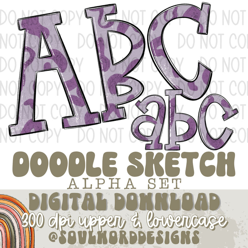 Boho Purple Leopard Doodle Sketch Alpha Set - DIGITAL DOWNLOAD