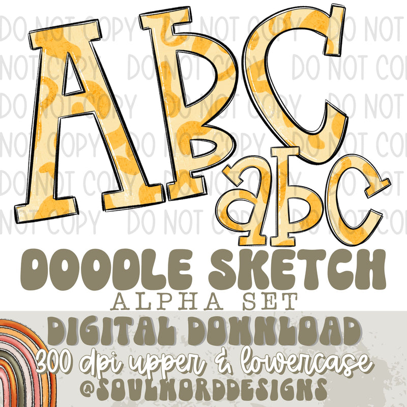 Boho Yellow Leopard Doodle Sketch Alpha Set - DIGITAL DOWNLOAD