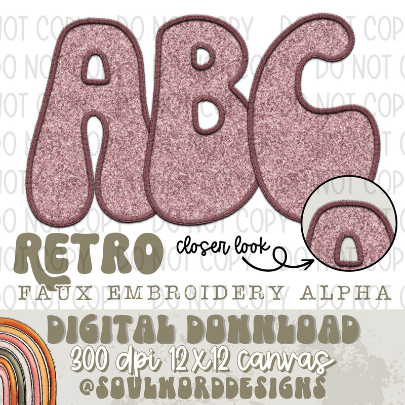 Retro Mauve Glitter Faux Embroidery Alpha Set - DIGITAL DOWNLOAD