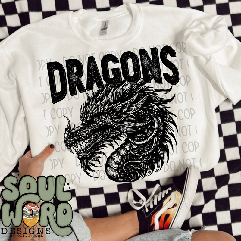 Dragons Mascot Black & White - DIGITAL DOWNLOAD