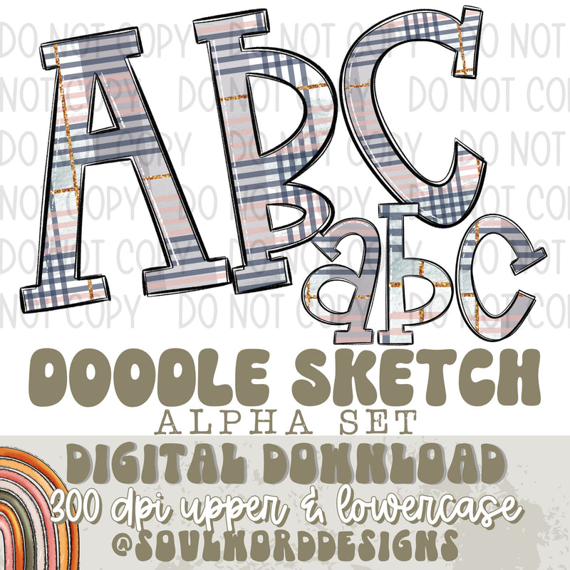 Pastel Plaid Doodle Sketch Alpha Set - DIGITAL DOWNLOAD