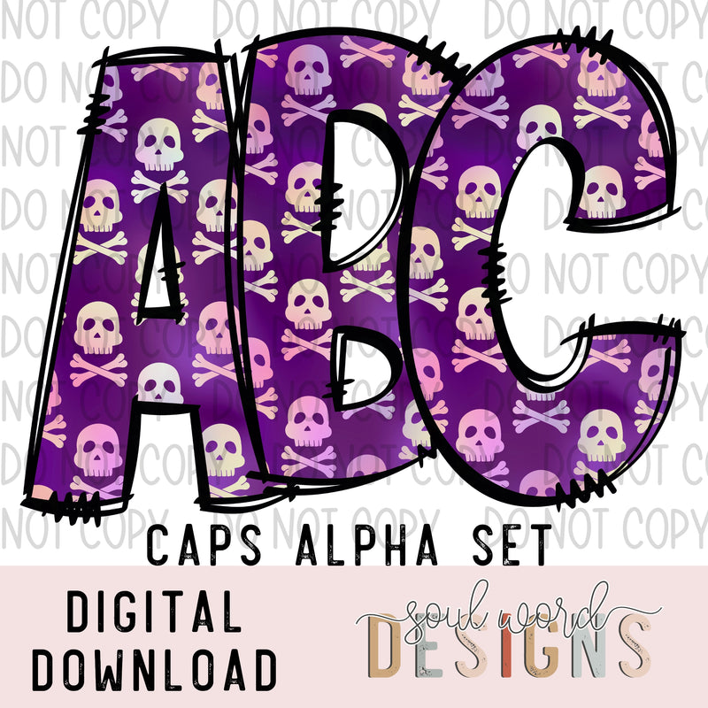 Purple Skulls Doodle Caps Alpha Set - DIGITAL DOWNLOAD