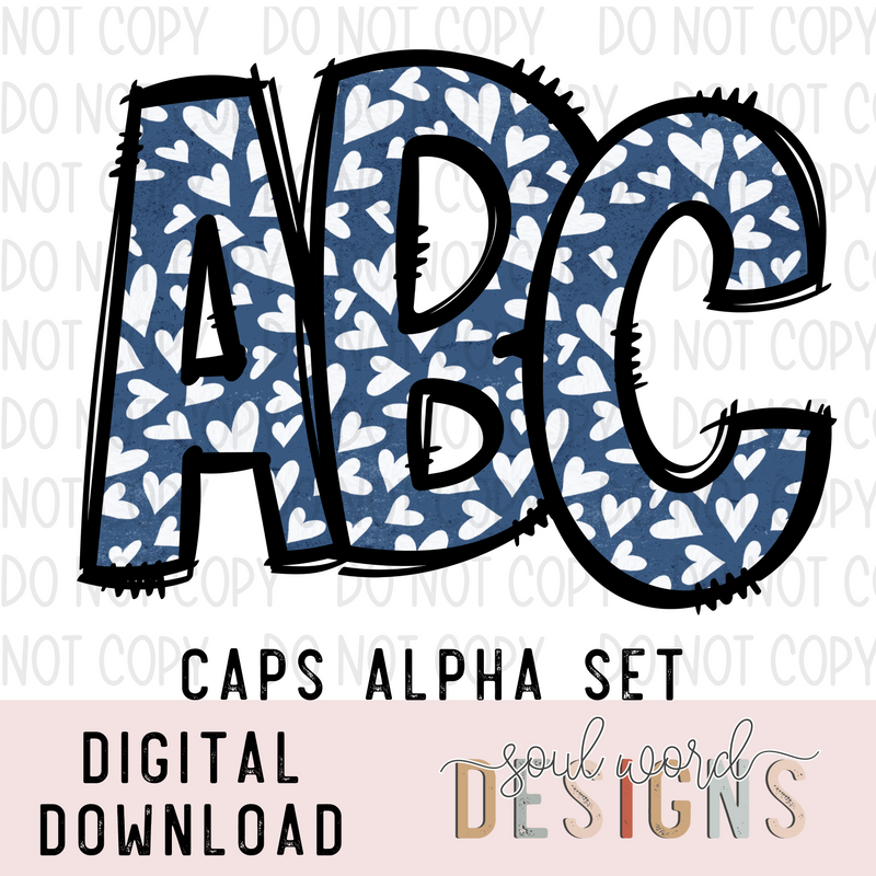 Blue Heart Doodle Caps Alpha Set - DIGITAL DOWNLOAD