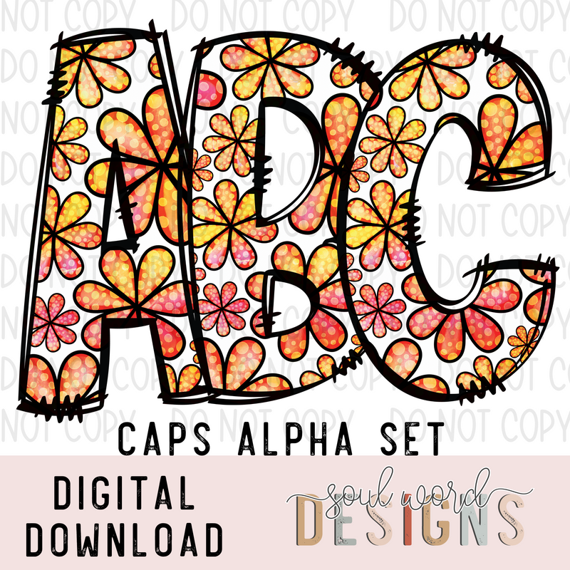Orange Floral Doodle Caps Alpha Set - DIGITAL DOWNLOAD
