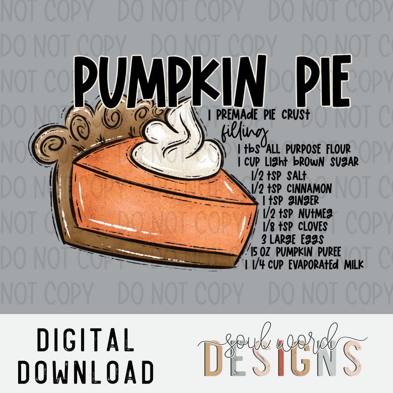 Pumpkin Pie Recipe - DIGITAL DOWNLOAD
