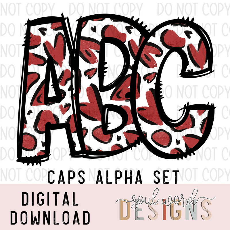 Red Leopard Heart Doodle Caps Alpha Set - DIGITAL DOWNLOAD