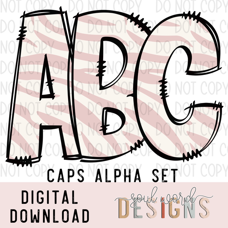 Pink Zebra Stripe Doodle Caps Alpha Set - DIGITAL DOWNLOAD