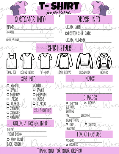 Tee Shirt Order Form Printable - DIGITAL FILES