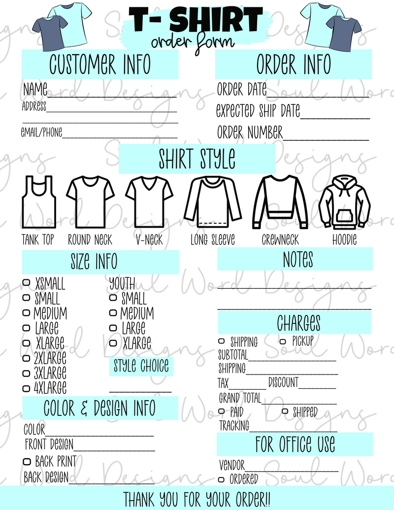 Tee Shirt Order Form Printable - DIGITAL FILES