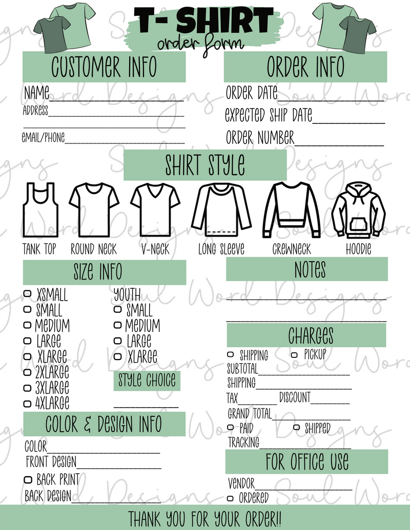 Tee Shirt Order Form Printable - DIGITAL FILES