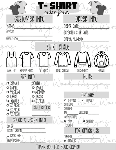 Tee Shirt Order Form Printable - DIGITAL FILES