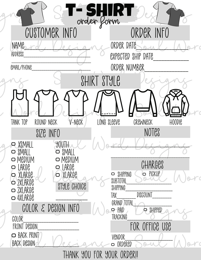 Tee Shirt Order Form Printable - DIGITAL FILES