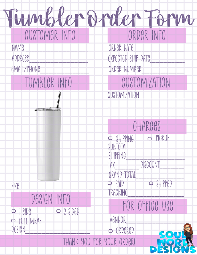 Tumbler Order Form Printable - DIGITAL FILES